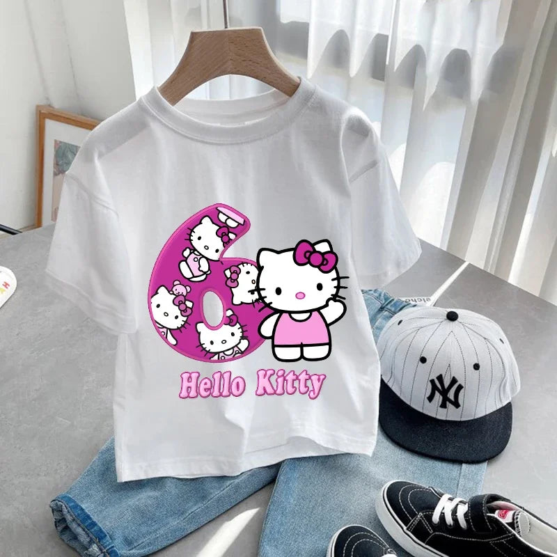 Hello Kitty Children Birthday Number 1-9 T-shirt Party Supply Gift Sanrio Cartoon Clothes Baby Tops Summer Short Sleeve T-shirts