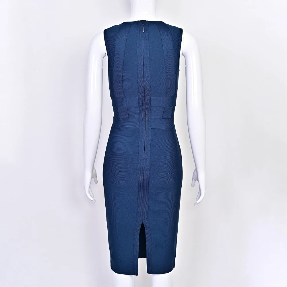 BEAUKEY 2025 New Trendy Vintage Woven Evening Bandage Dress Navy Blue Party Bodyon Dress Women Luxury Celebrity Elegant Dresses