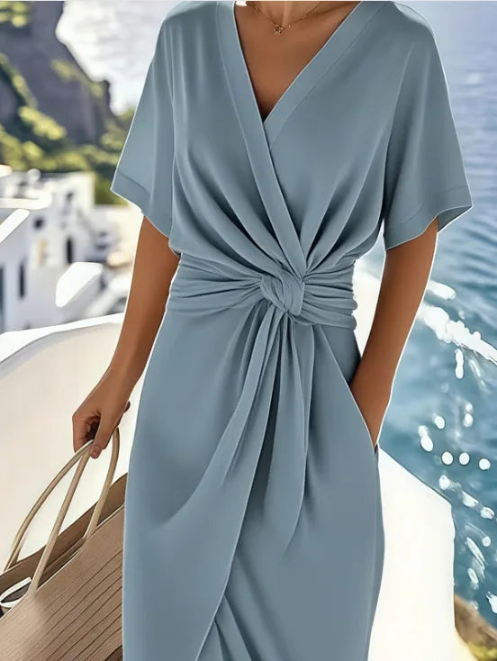 Women Dresses 2026 new fashion solid color wrapped lace-up V neck slit knot mid-calf dresses women's clothing vestidoes