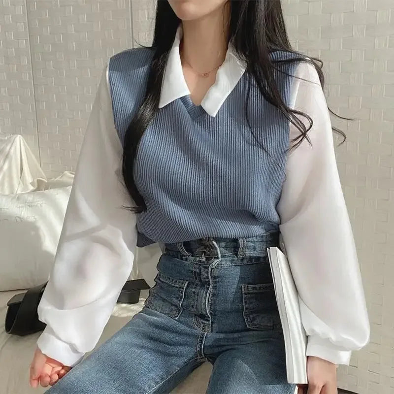 Women's Korean Style Polo Collar Blouse – Y2K False Two-Piece Loose Streetwear Top