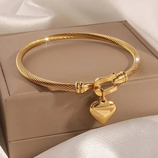 18K Gold Heart Charm Stainless Steel Bangle Bracelet – Men & Women
