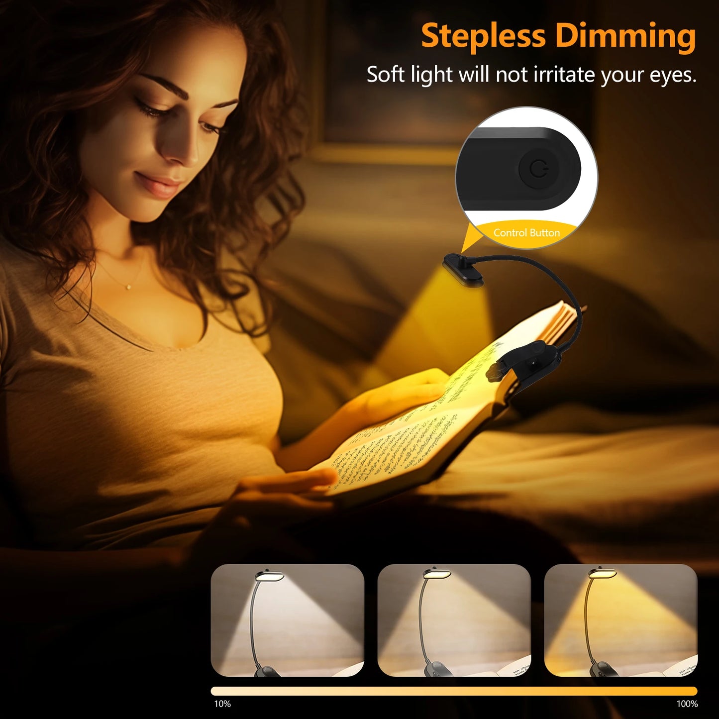 LED Book Light USB Rechargeable Reading Light 3-Level Warm Cool White Daylight Portable Flexible Easy Clip Night Reading Lamp