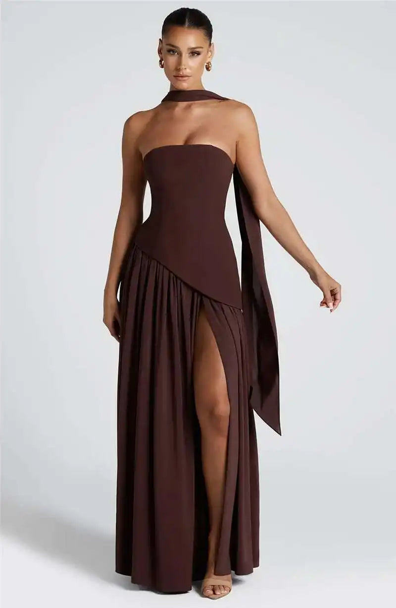 Elegant Off-shoulder Strapless Sexy Summer Party Women Gown Patchwork Pleat Scarf Neck Holiday Evening High Split Long Dresses
