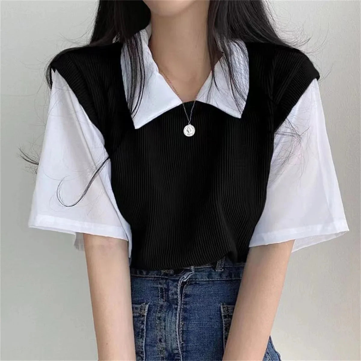 Women's Korean Style Polo Collar Blouse – Y2K False Two-Piece Loose Streetwear Top