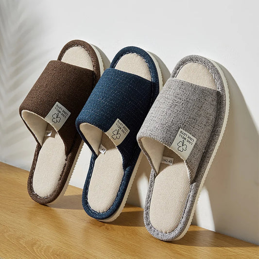 Men's Open-Toe Linen Slippers – Breathable Bedroom & Home Shoes