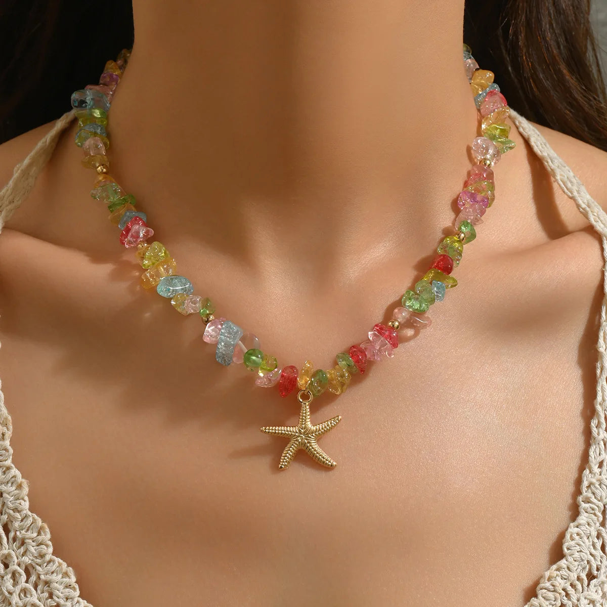 Handmade Seashell Beaded Choker – Starfish Pendant Ocean Inspired Necklace