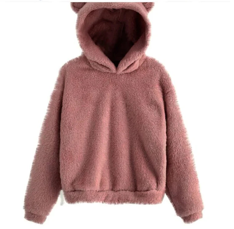 Autumn Winter Women's Hoodies Winter Women Long Sleeve Rabbit Ear Hood Sweatshirt Cute Plush Warm Casual Hoodie Tops