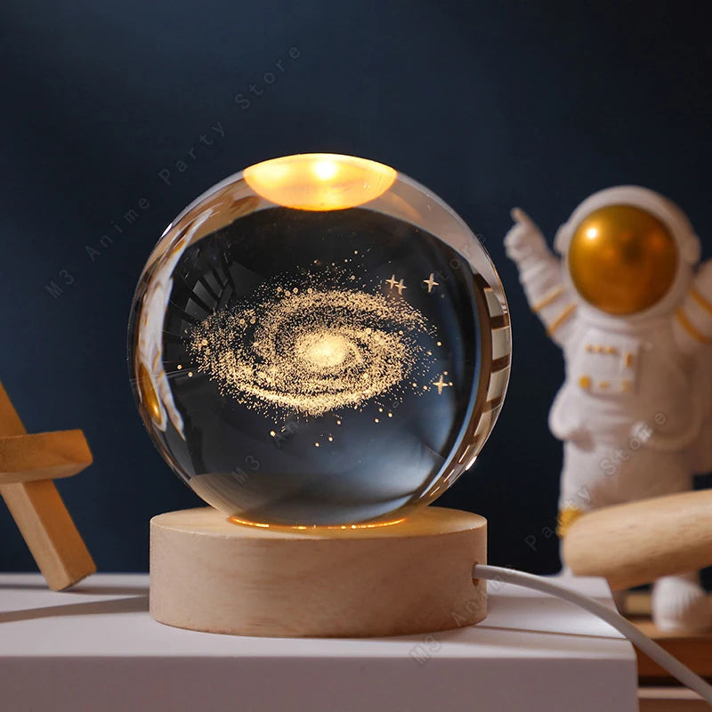 3D Crystal Ball Galaxy Night Light – Saturn & Moon Planet LED Bedside Lamp Gift