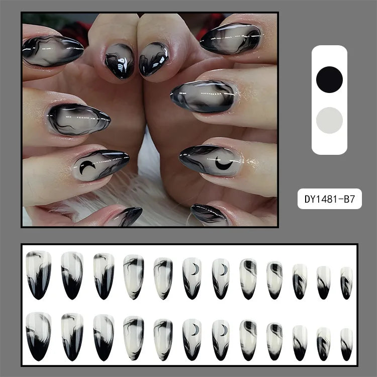 Black Cool Fake Nails Halloween Bat Press on Nails Almond Decorated Nail Tips Rivet Bow False Nails 24pcs Reusable Acrylic Nails