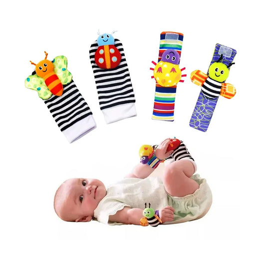 4-Piece Baby Rattle Wrist & Foot Sock Toy Set – Animal Design Sensory Toy 0–12 Months
