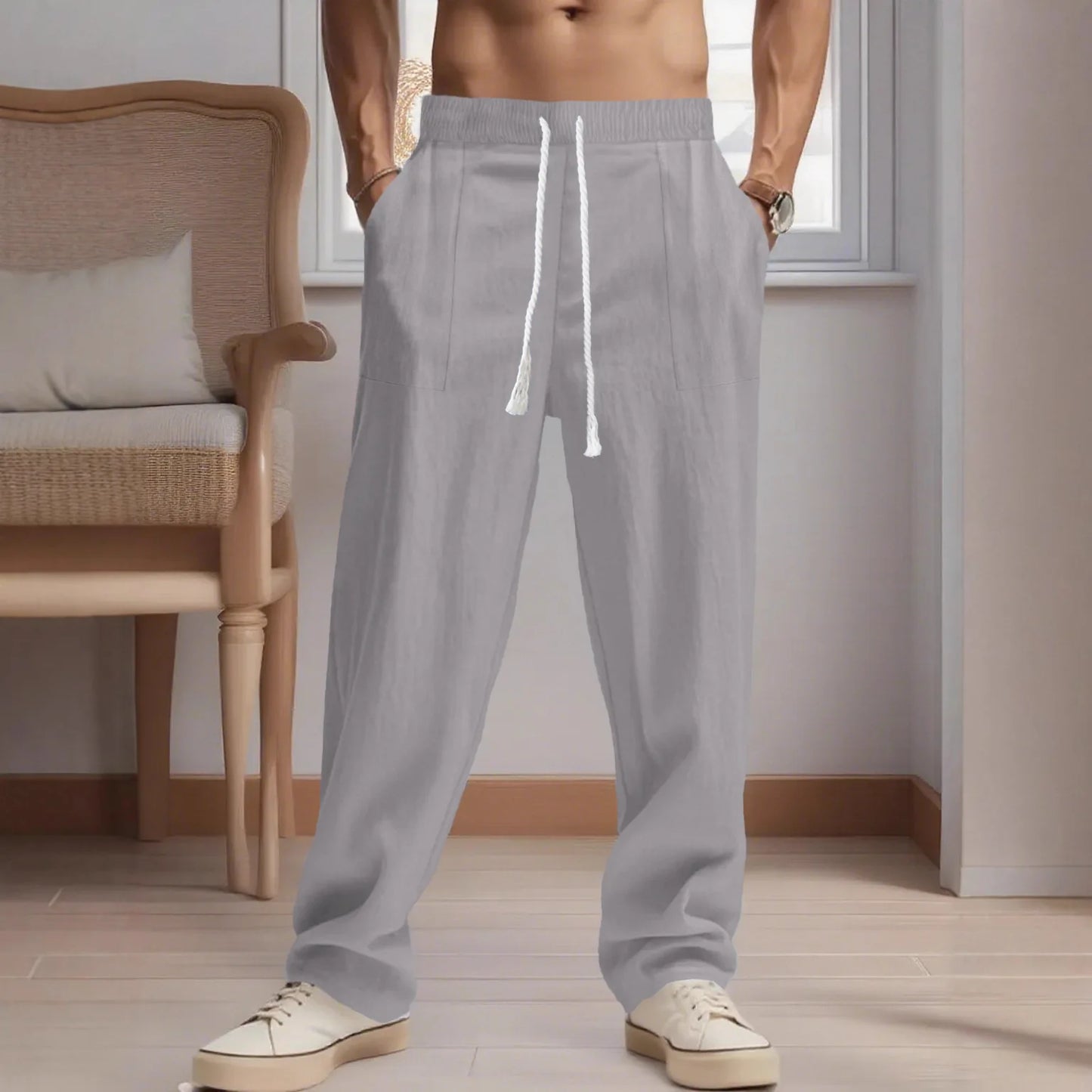 New men's Chinese-style solid-color cotton and linen pants for spring and autumn, with multiple pocket drawstring designs