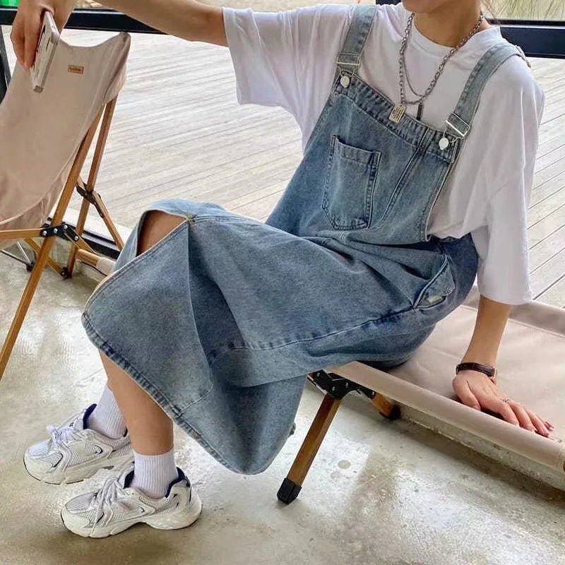 New Irregular Split Cowboy Denim Dress Women Sleeveless Jeans Dresses Fashion Female Solid  Casual Loose Strap Dresses