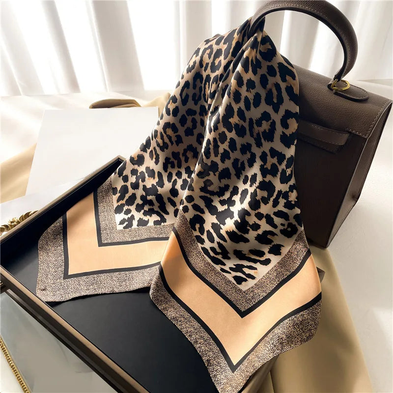Luxury Brand Women Leopard Print Square Hijab Scarf Soft Satin Silk-like Small Neck Scarf Stylish Casual Headscarf
