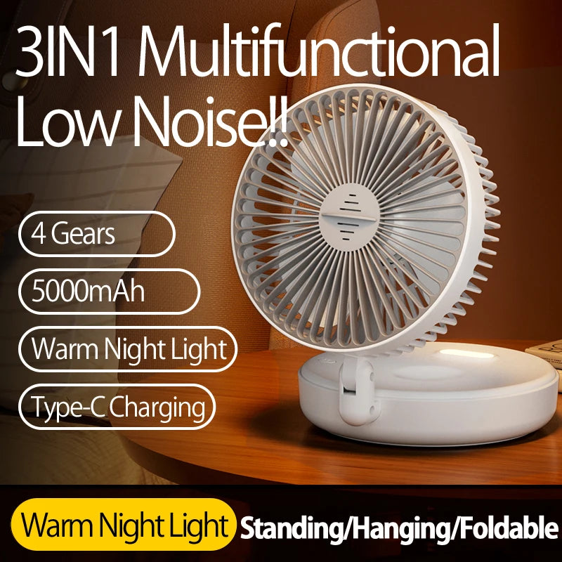 Rechargeable 3-in-1 Portable Fan with Night Light — Wall Mount, 90° Fold, 4 Speeds