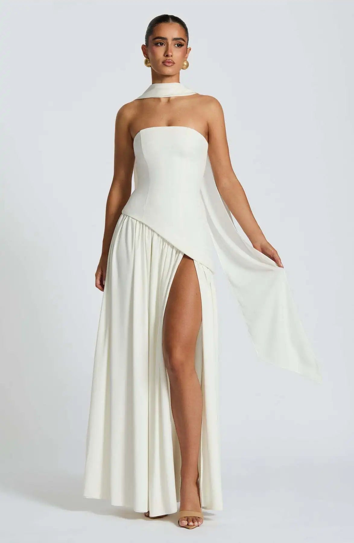 Elegant Off-shoulder Strapless Sexy Summer Party Women Gown Patchwork Pleat Scarf Neck Holiday Evening High Split Long Dresses