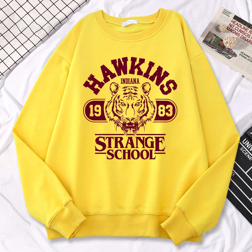 Casual Street Womens Sweatshirt Hawkins High School Indiana 1983 Printing Hoodies Loose Crewneck Pullovers Warm Fleece Clothes