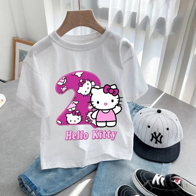 Hello Kitty Children Birthday Number 1-9 T-shirt Party Supply Gift Sanrio Cartoon Clothes Baby Tops Summer Short Sleeve T-shirts