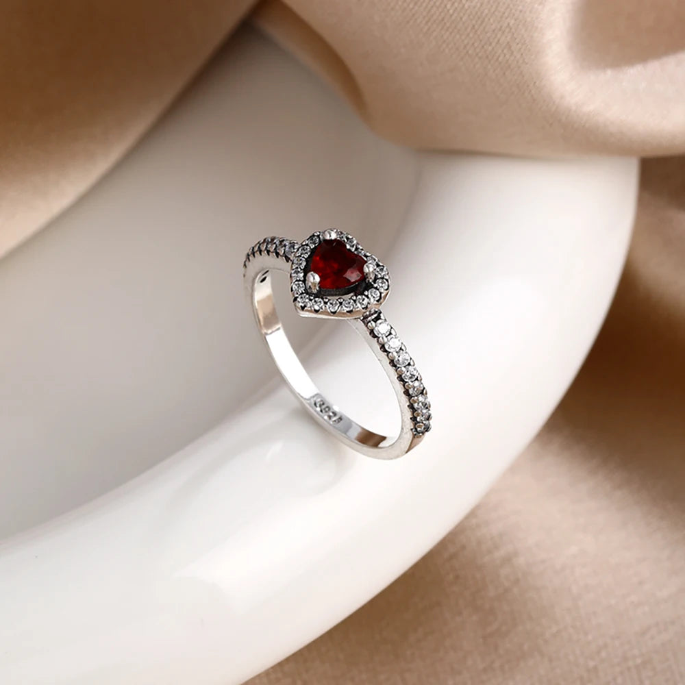 New 925 Sterling Silver Charm Red Heart-shaped Rings Women Rings Fine Jewelry Fashion Mother Gifts
