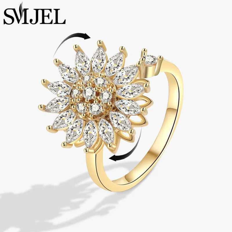 Bohemia Fidget Spinner Ring Anxiety for Women Multiple Crystal Flower Adjustable Open Rings Rotate Anti Stress Wedding Jewelry