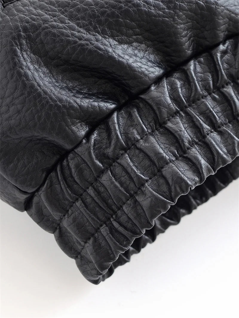 Women's Jacket Fall 2025 New Black Long Sleeve Pebble Faux Leather Jacket Motorcycle Style Personality Fashion
