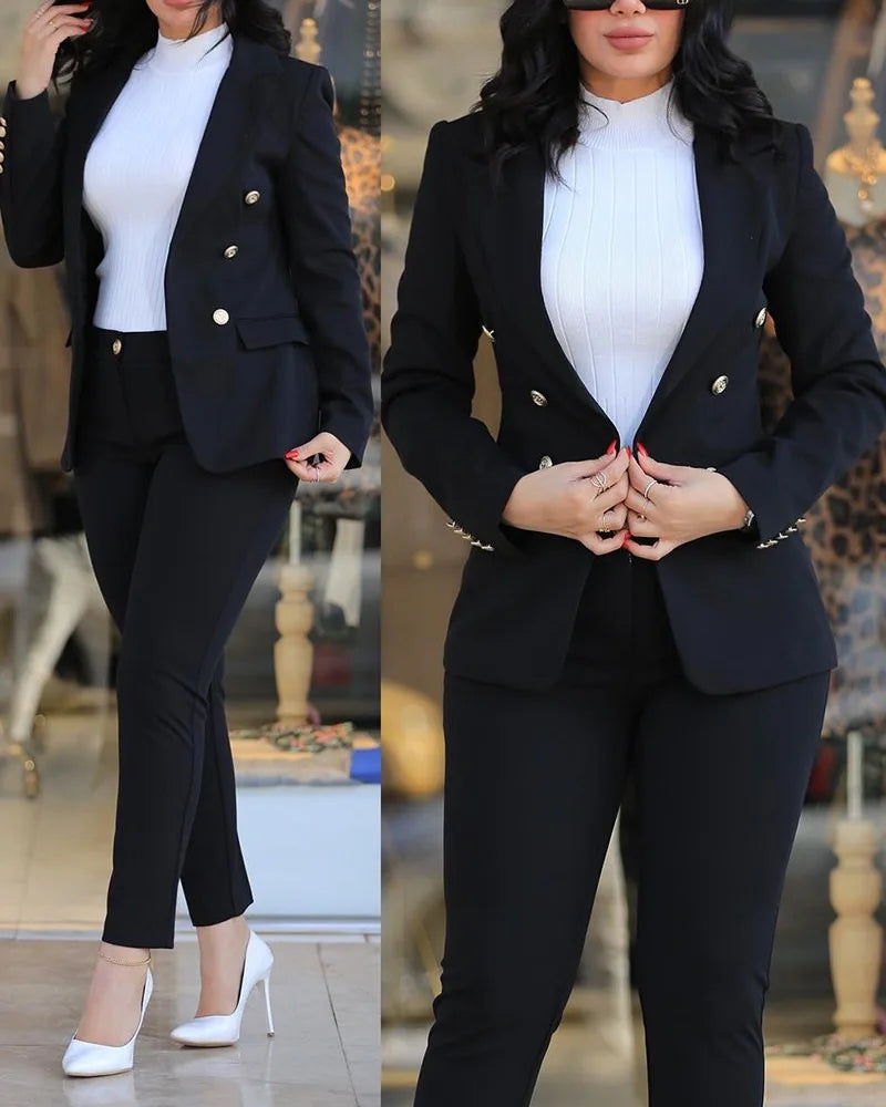 2-delige dameskledingset voor op kantoor: blazer met lange mouwen en potloodbroek met hoge taille, effen kleur