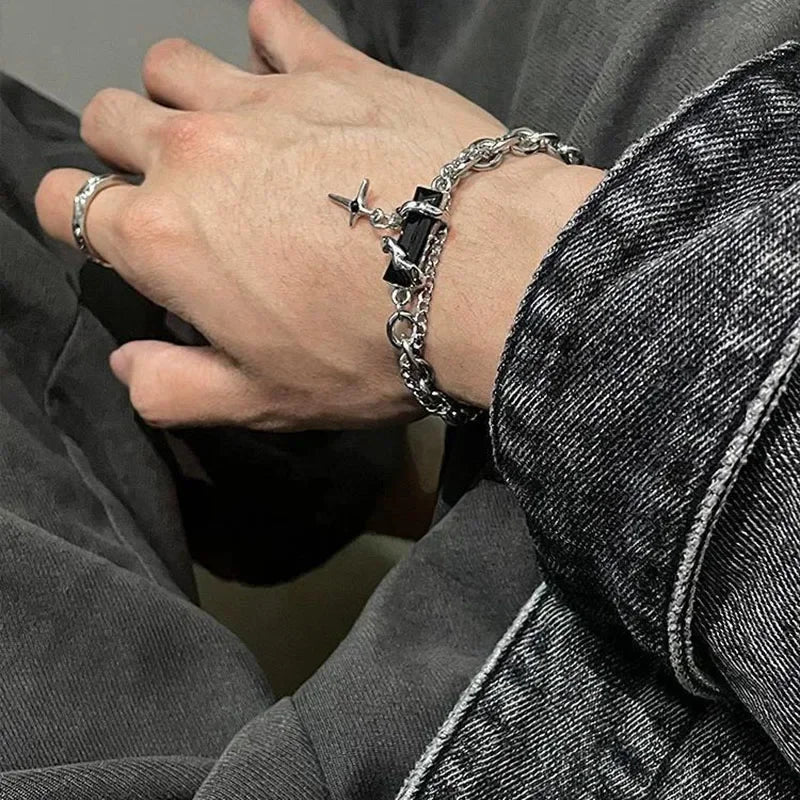 Men Bracelet 2024 Retro Black Zircon Star Chain Women Stainless Steel Punk Bracelets on Hand Unisex Jewelry Couple Accessories