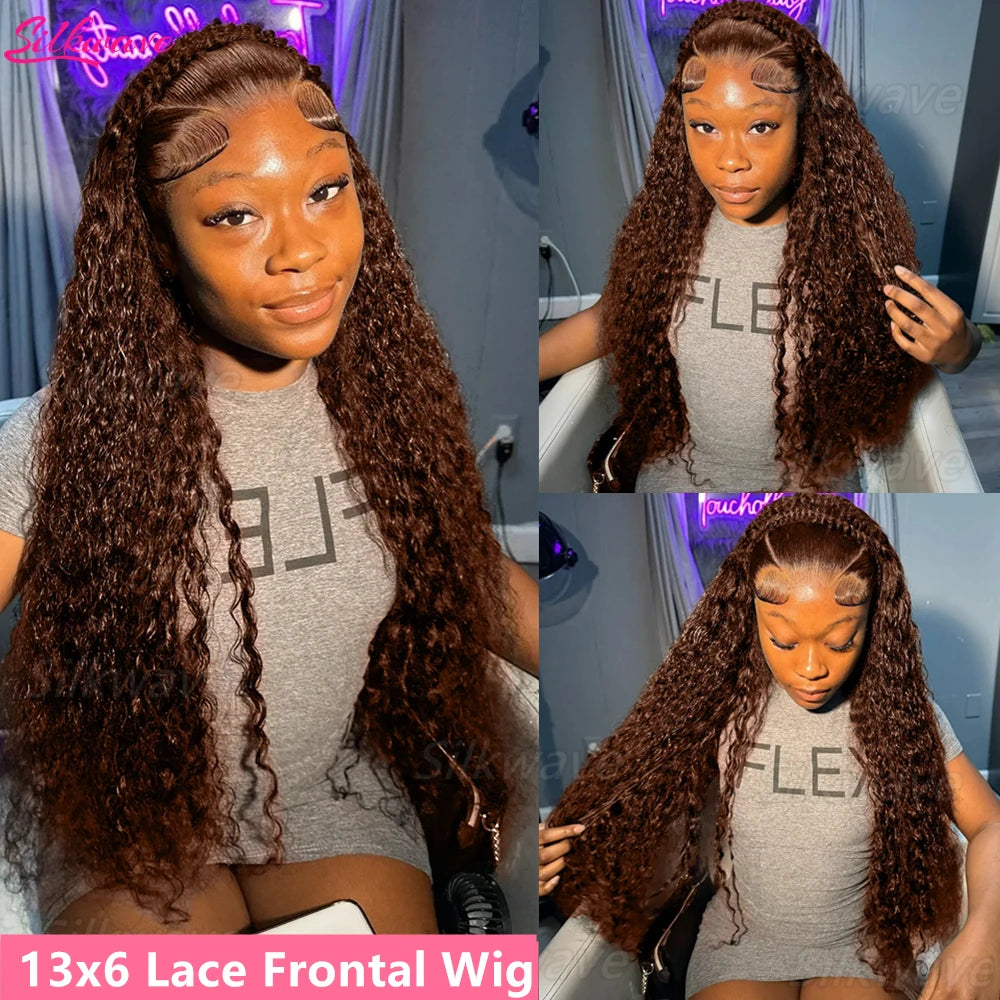 Chocolate Brown Deep Wave 13x6 Lace Front Wig Wig Human Hair Water Wave 250% Density Curly Wig Human Hair Brown Wigs Pre Plucked