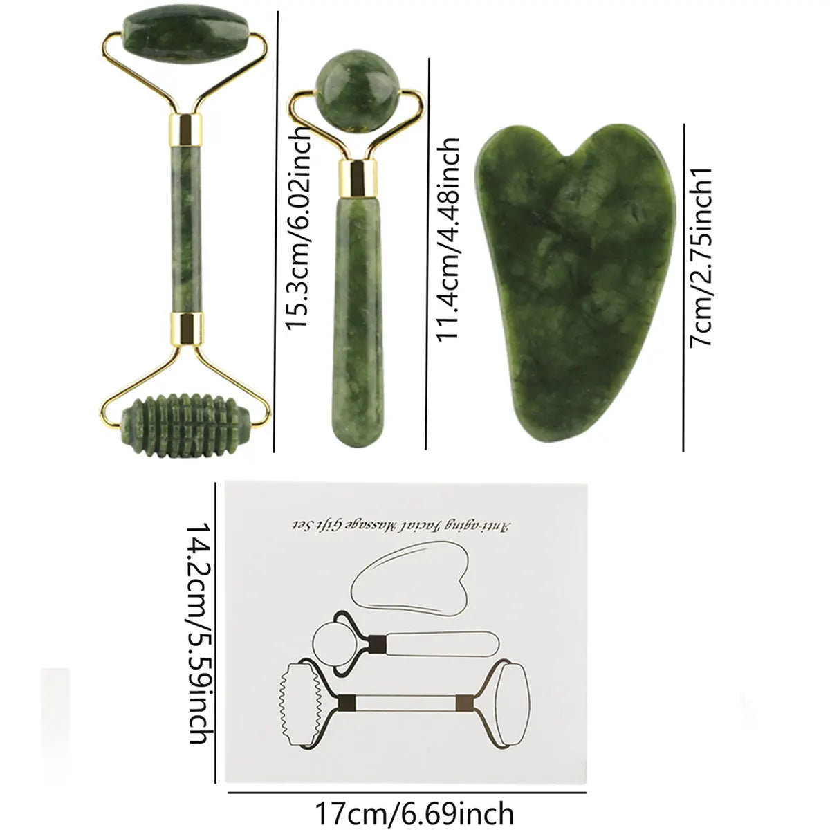 3-in-1 Jade Roller & Gua Sha Set – Eye Massager, Ridged Scraper & Face Roller