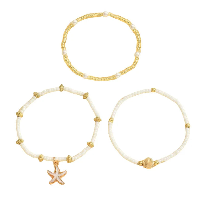 Bohemian Starfish & Shell Ankle Bracelet – 3-Layer Beaded Beach Foot Jewellery
