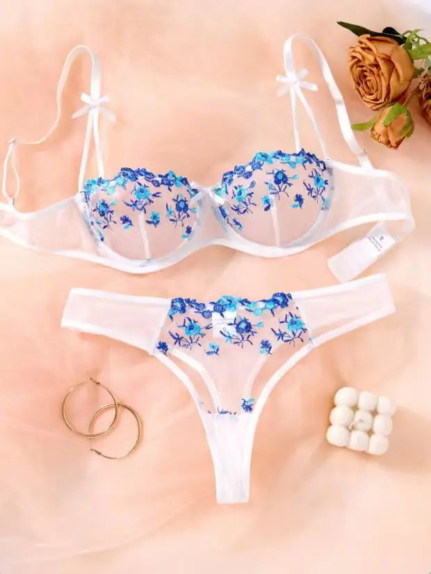 Women's Floral Embroidery Lace Lingerie Set – Sexy 2-Piece Underwear Bra & Briefs