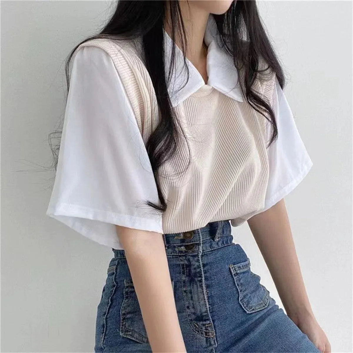 Women's Korean Style Polo Collar Blouse – Y2K False Two-Piece Loose Streetwear Top