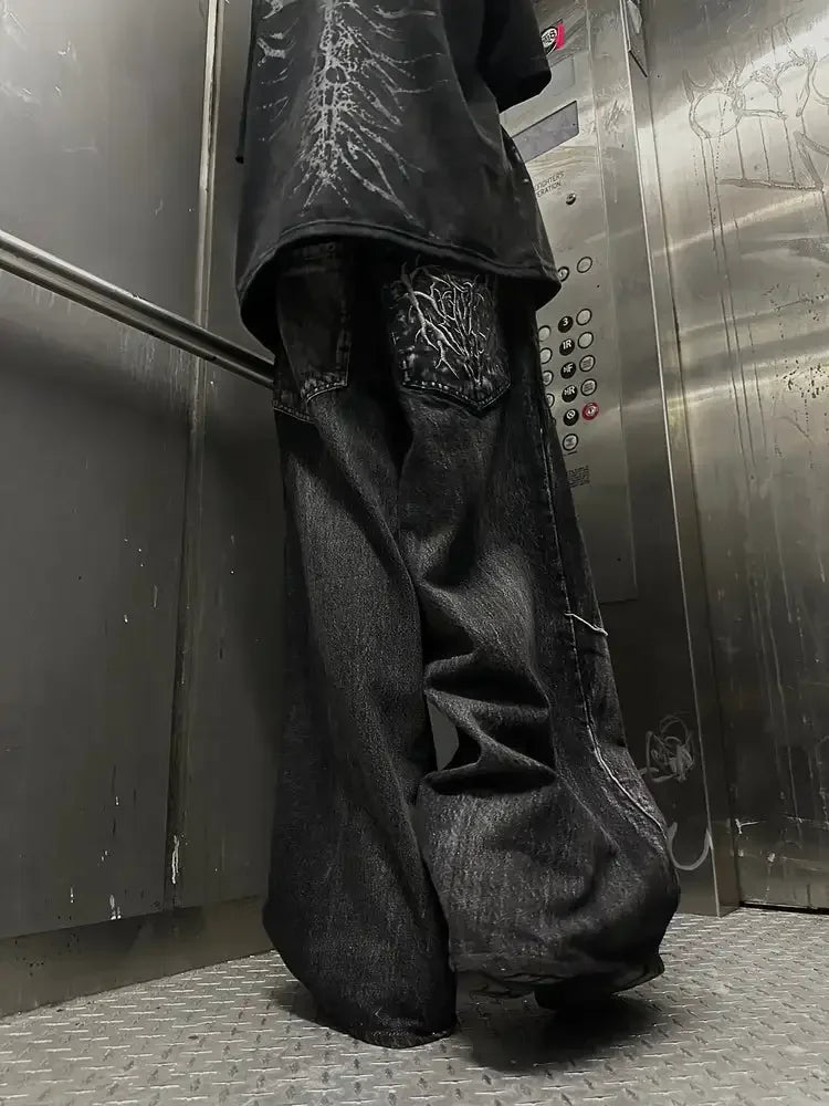 Y2K Baggy Jeans vintage Splicing embroidery Pattern high quality jeans Hip Hop Gothic Streetwear men women Casual wide leg jeans