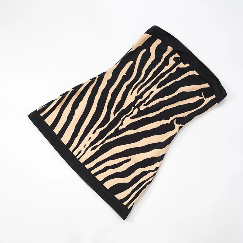 Zebra Striped Strapless Backless Women Mini A Line Dress Outfits Autumn Winter Off Shoulder Sleeveless Bodycon Dresses Vestido