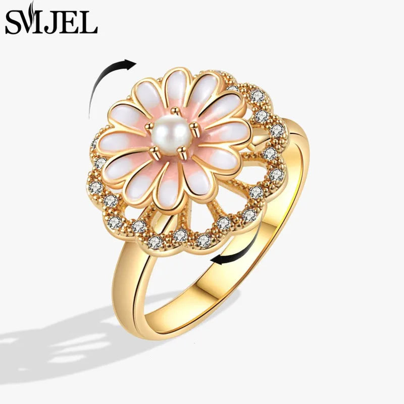 Bohemia Fidget Spinner Ring Anxiety for Women Multiple Crystal Flower Adjustable Open Rings Rotate Anti Stress Wedding Jewelry
