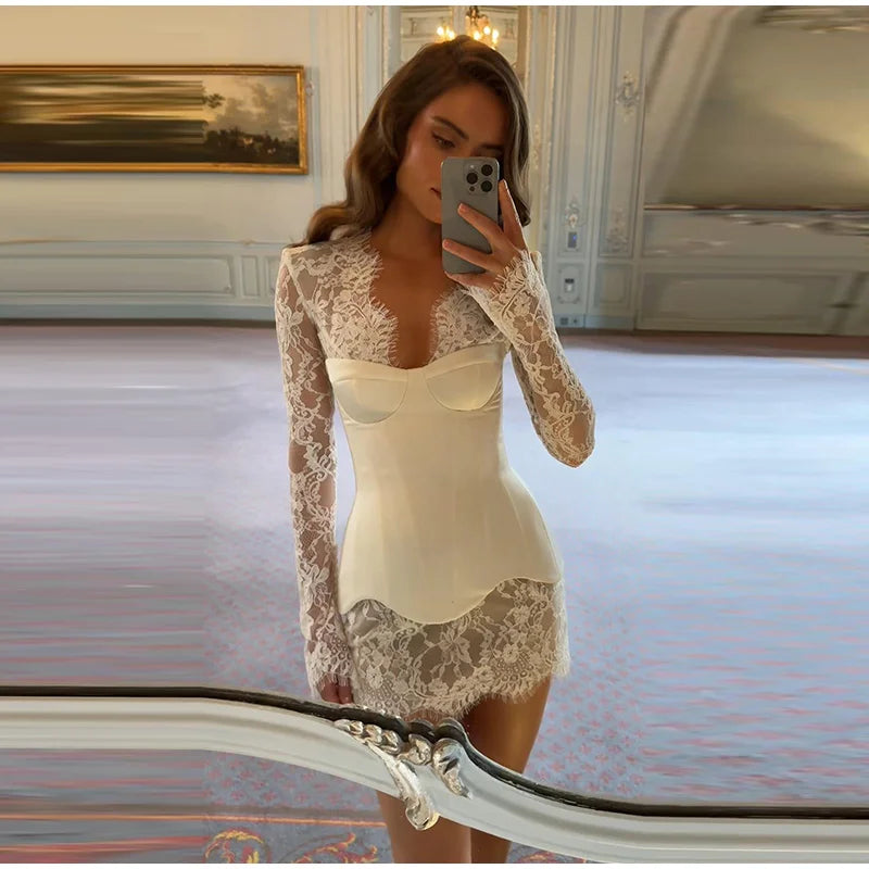 Lace Sheer Sweetheart Neck Maxi Dress Long Sleeve Corset Waist Mermaid Hem Bridal Gown 2026 Summer Elegant Form-Fitting Dresses