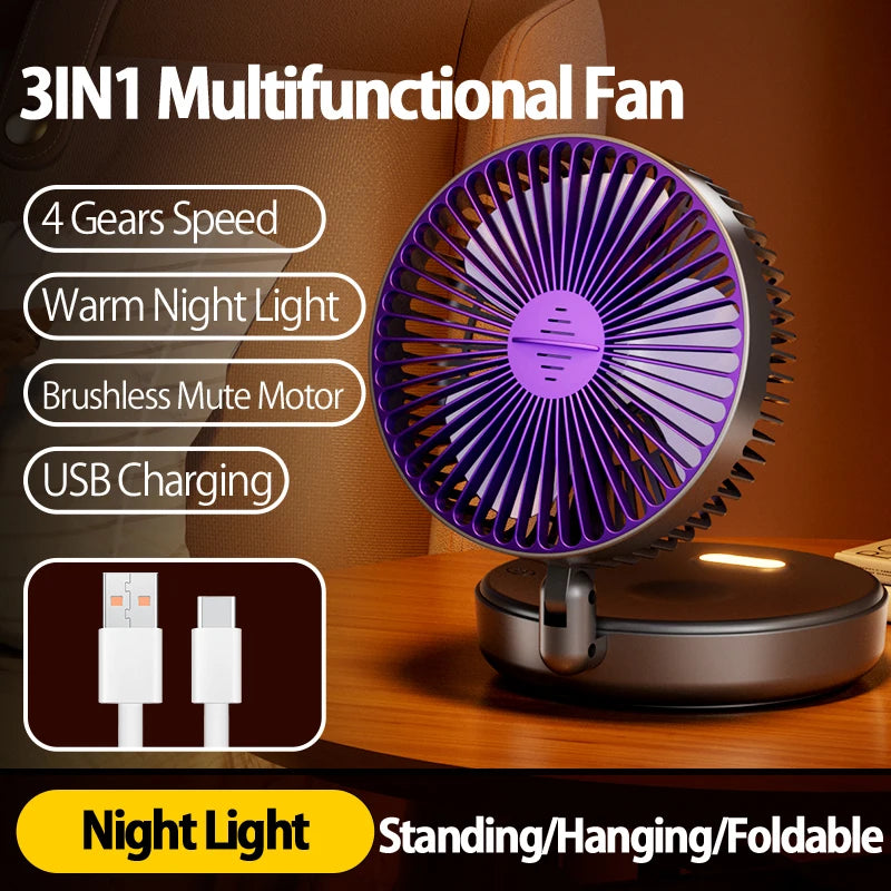 Rechargeable 3-in-1 Portable Fan with Night Light — Wall Mount, 90° Fold, 4 Speeds