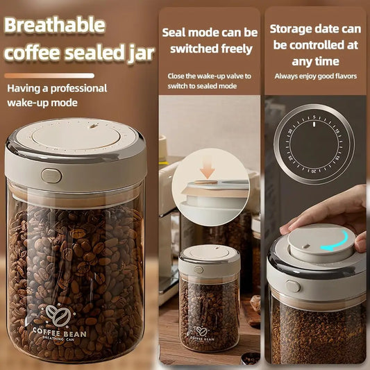 Vacuum-Sealed Coffee Bean Storage Jar with Date Tracker & Degassing Valve