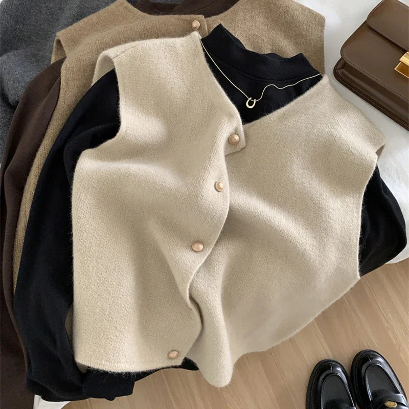 Dames Trui Vest Goudkleurige Knopen Gilet Zacht Gebreid Mouwloos Vest Jasje Top Herfst Winter Koreaanse Dames Chique Outfit