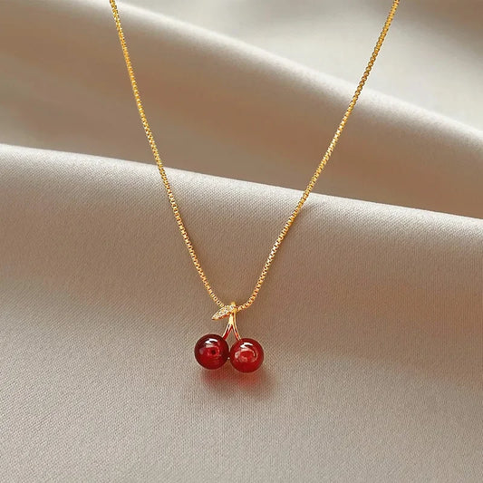 Wine Red Cherry Pendant Necklace – Fruit Charm Gold Chain Birthday Gift for Women