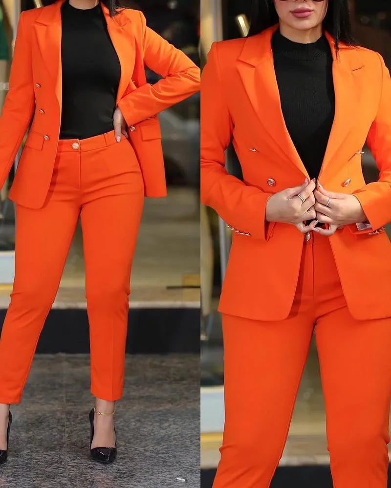 2-delige dameskledingset voor op kantoor: blazer met lange mouwen en potloodbroek met hoge taille, effen kleur