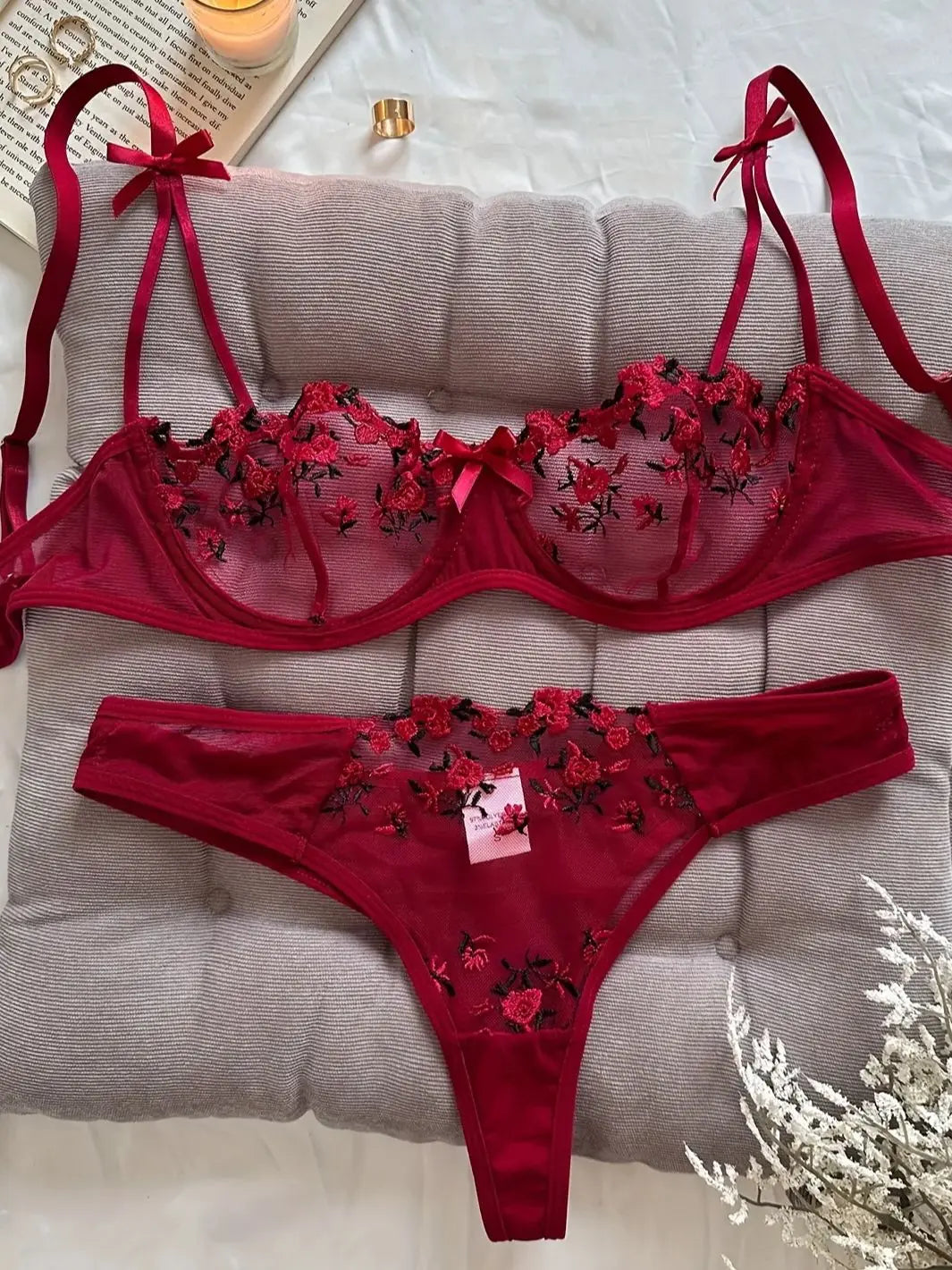 Women's Floral Embroidery Lace Lingerie Set – Sexy 2-Piece Underwear Bra & Briefs