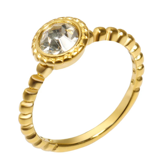 Round Crystal Zircon Bead Band Ring – Waterproof Gold Stainless Steel
