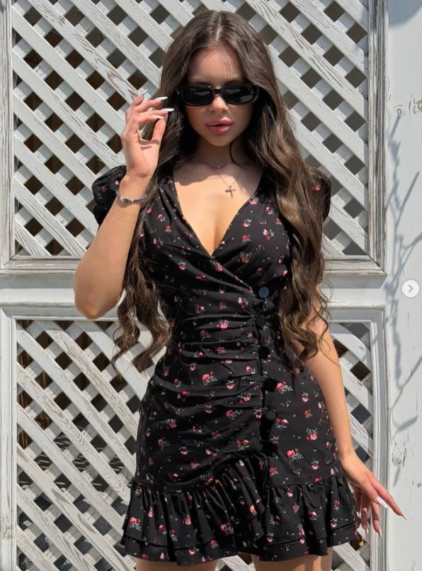 Elegant Print Low-cut Ruffle Short Dress Women V-neck Short-sleeved Waist Cinching Pleated Mini Dresses Casual Party Vestidos