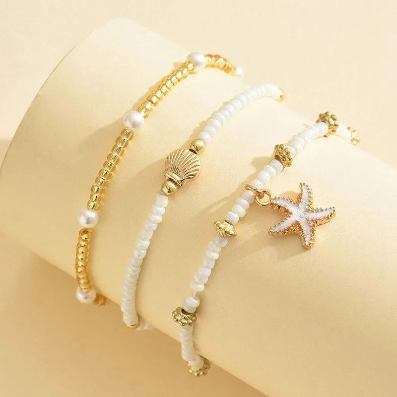 Bohemian Starfish & Shell Ankle Bracelet – 3-Layer Beaded Beach Foot Jewellery