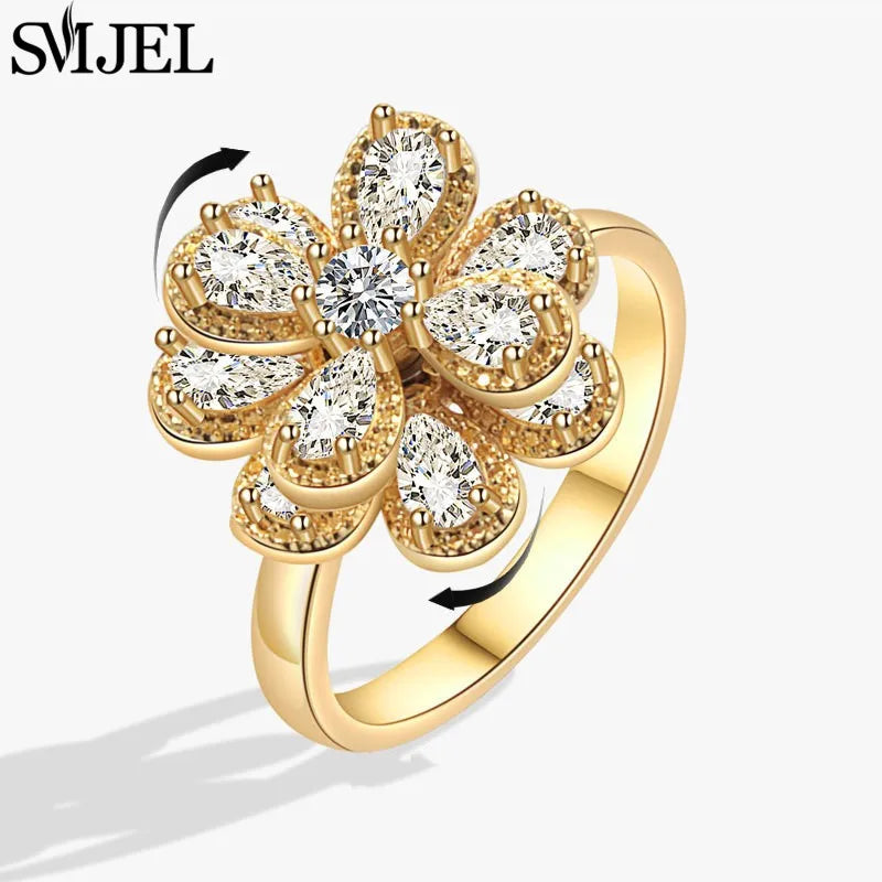 Bohemia Fidget Spinner Ring Anxiety for Women Multiple Crystal Flower Adjustable Open Rings Rotate Anti Stress Wedding Jewelry