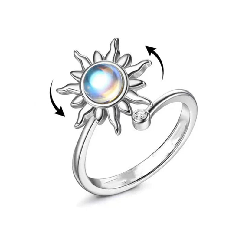 Bohemia Fidget Spinner Ring Anxiety for Women Multiple Crystal Flower Adjustable Open Rings Rotate Anti Stress Wedding Jewelry