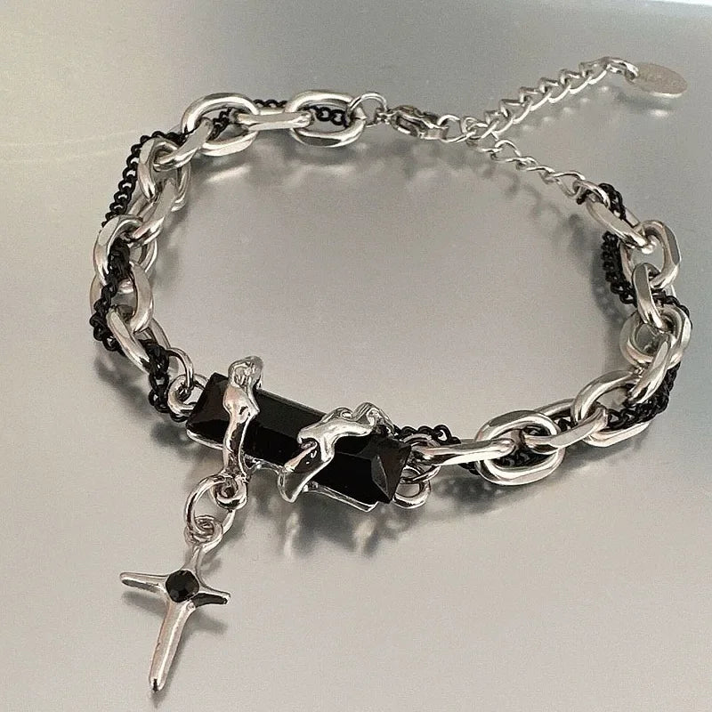Men Bracelet 2024 Retro Black Zircon Star Chain Women Stainless Steel Punk Bracelets on Hand Unisex Jewelry Couple Accessories
