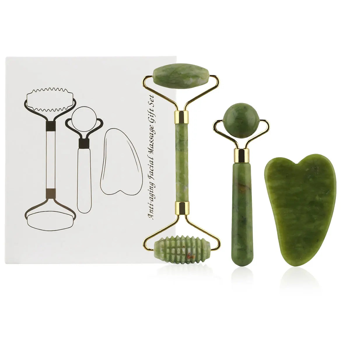 3-in-1 Jade Roller & Gua Sha Set – Eye Massager, Ridged Scraper & Face Roller