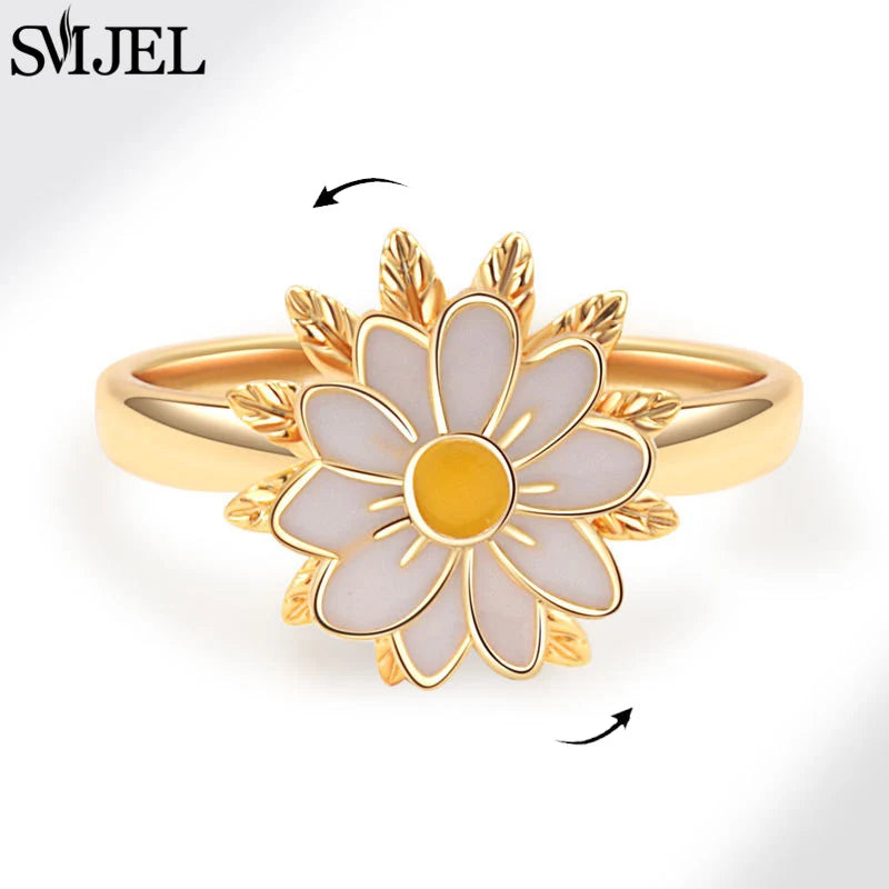 Bohemia Fidget Spinner Ring Anxiety for Women Multiple Crystal Flower Adjustable Open Rings Rotate Anti Stress Wedding Jewelry