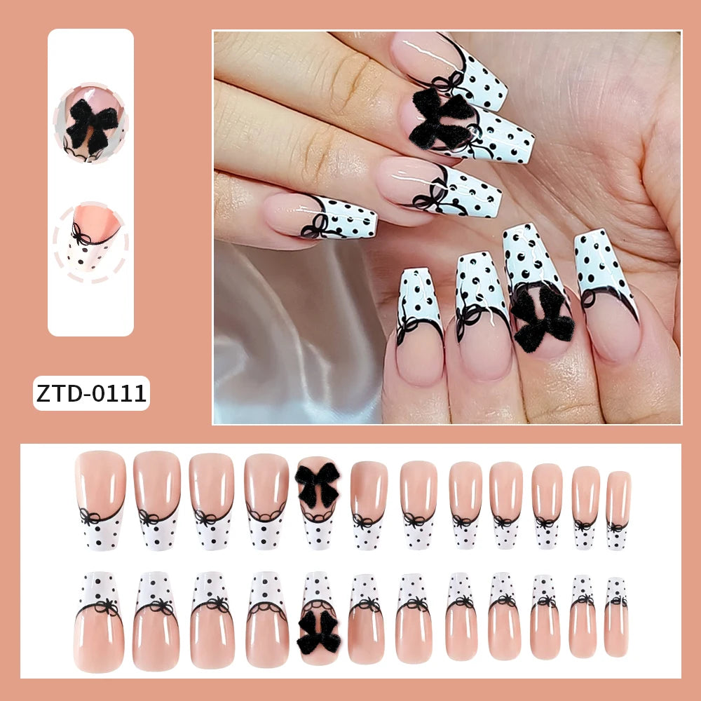 24Pcs White French Press On Nails 3D Bow Design Full Cover Wearable False Nails Short Square Head Ballet Fake Nails 2030